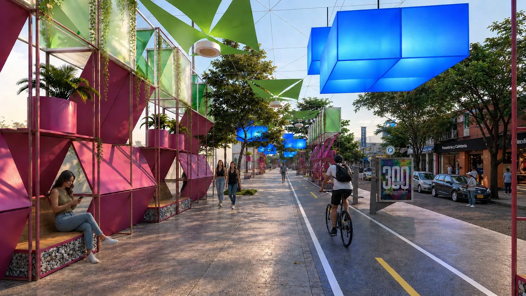 Render del corredor Calle Viva con módulos urbanos