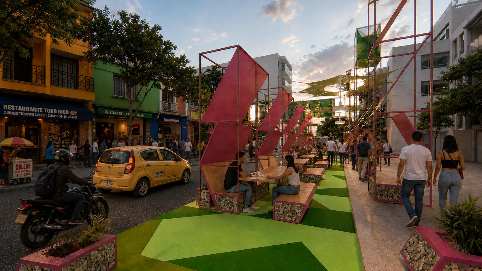 Render de actividad urbana al atardecer