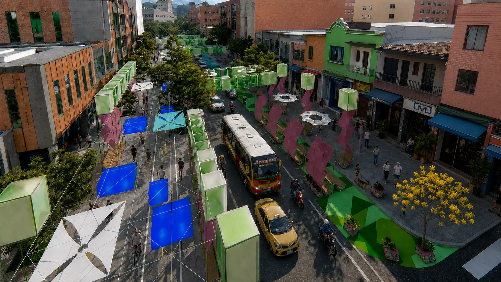 Render del ecosistema modular Calle Viva